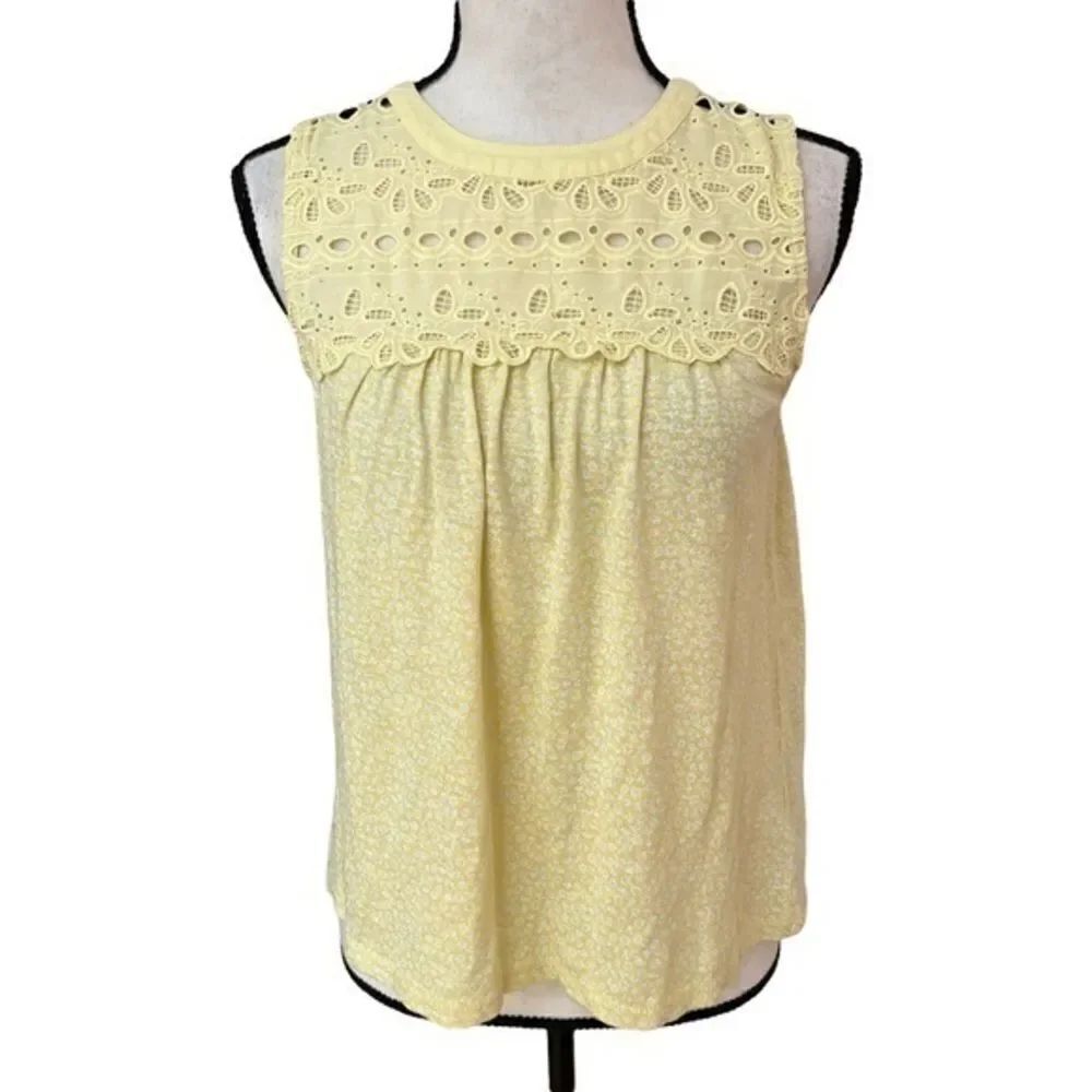 Lucky Brand Womens Eyelet  Floral Yellow and White Tank size S cotton.